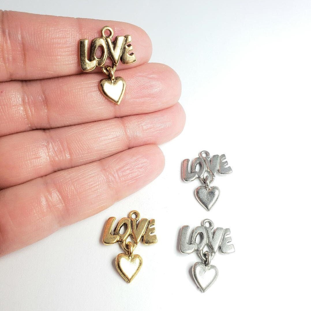Pewter Love Charm with Hanging Heart Love,Valentine's Day (2pc)