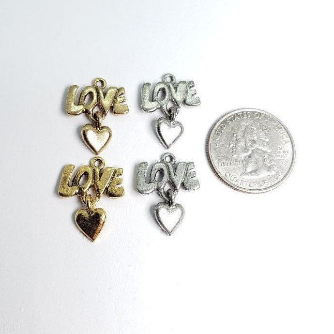 Pewter Love Charm with Hanging Heart Love,Valentine's Day (2pc)
