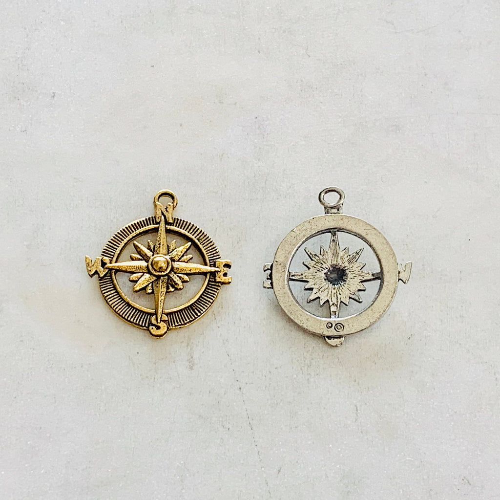 Pewter Round Compass Charm Metal Navigation Traveler Pendant