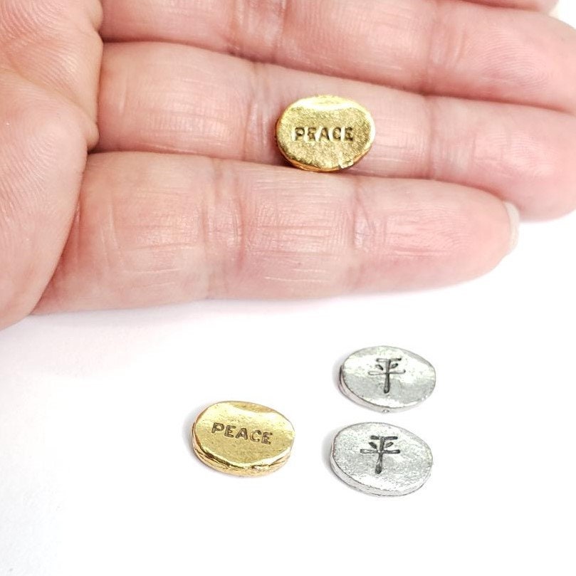 Pewter Chinese Peace Bead Symbol Oval Bead Inspirational Charm (2pc) – Antique Gold