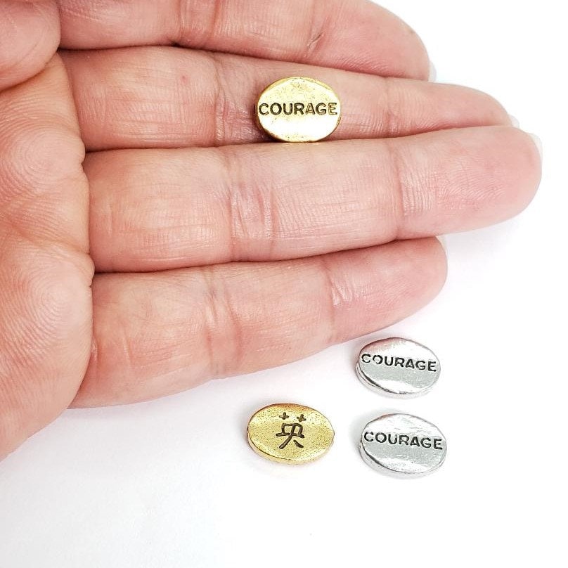 Pewter Chinese Courage Bead Symbol Oval Bead Inspirational (2pc) – Antique Gold