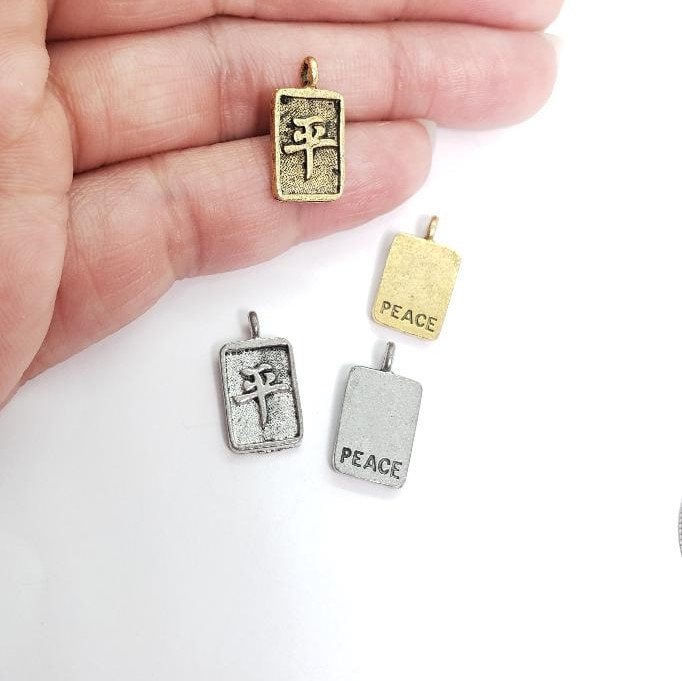 Pewter Chinese Peace Symbol Rectangle Charm Drop Charm Pendant (2pc)