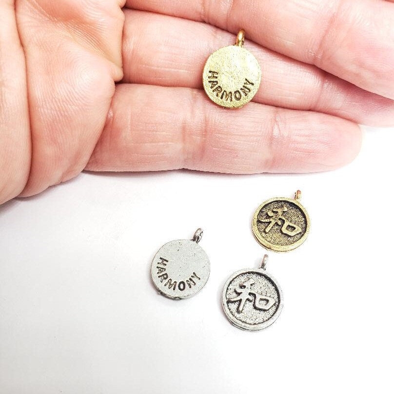 Pewter Chinese Harmony Symbol Round Disc Charm Drop Charm (2pc)