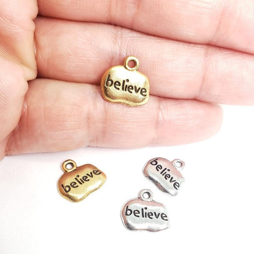 Pewter Wide Oval with Believe Charm Pendant Inspirational (2pc)