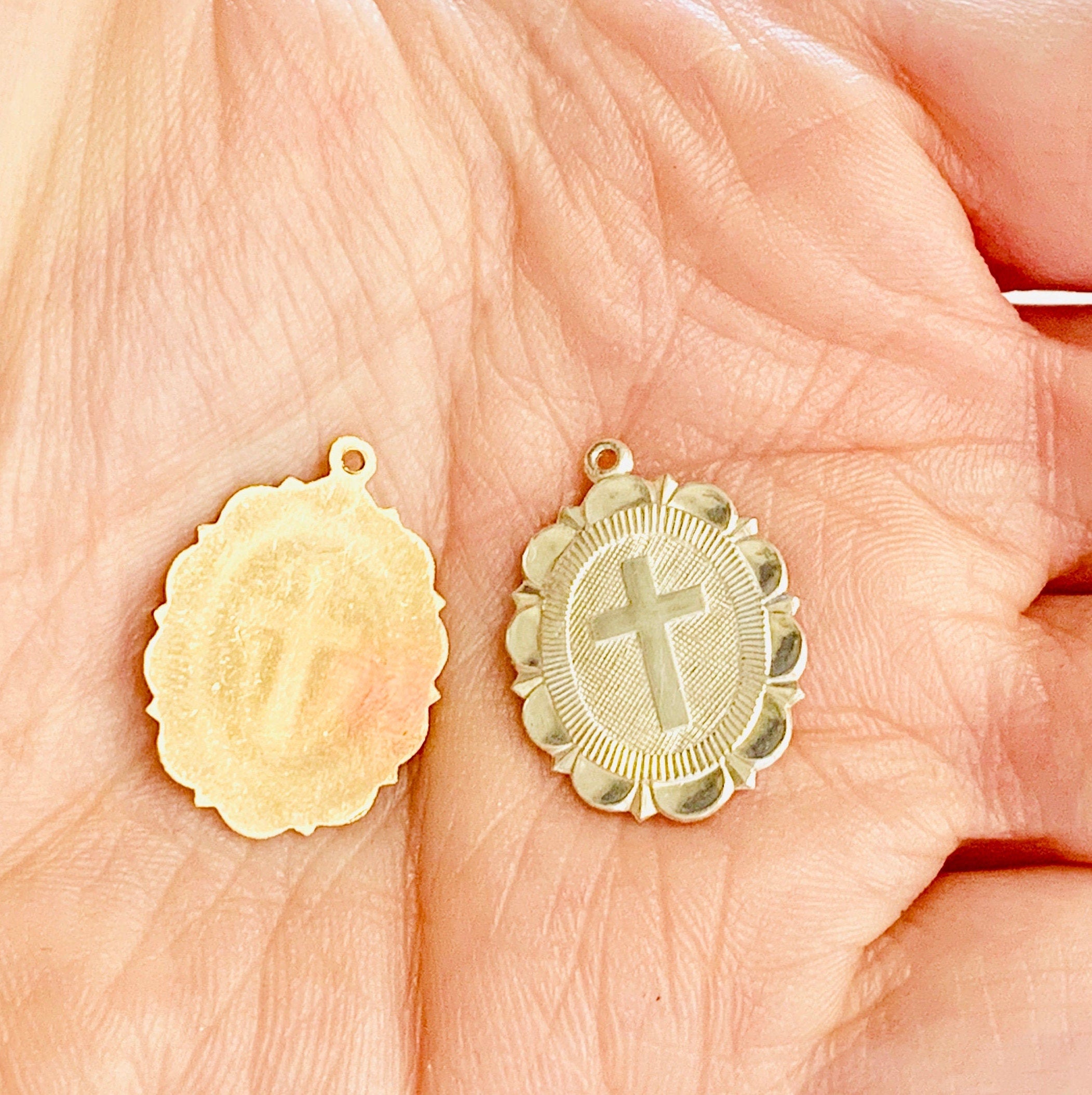 Sterling Silver or 14K Gold Filled Oval or Cross Religious Charm