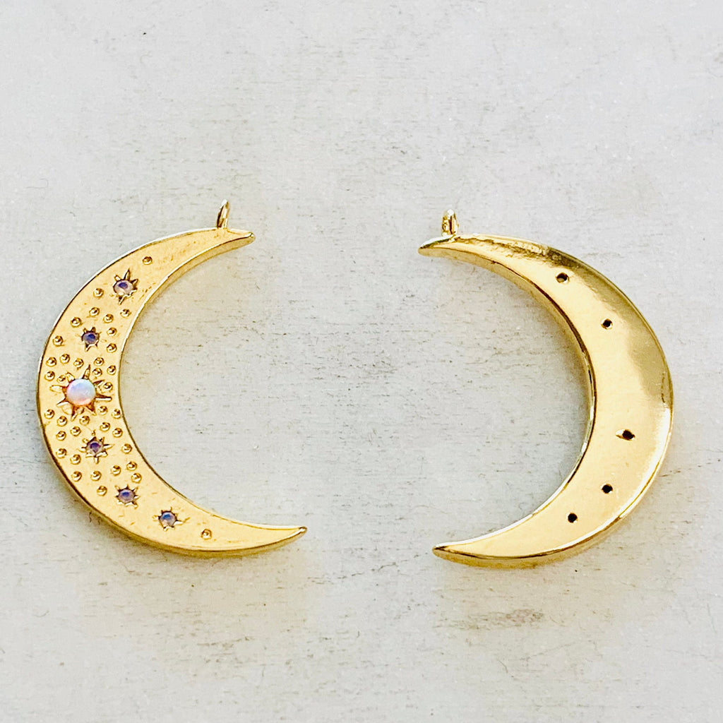 Gold Plated Celestial Opal Crescent Moon Star Pendant CZ Charm