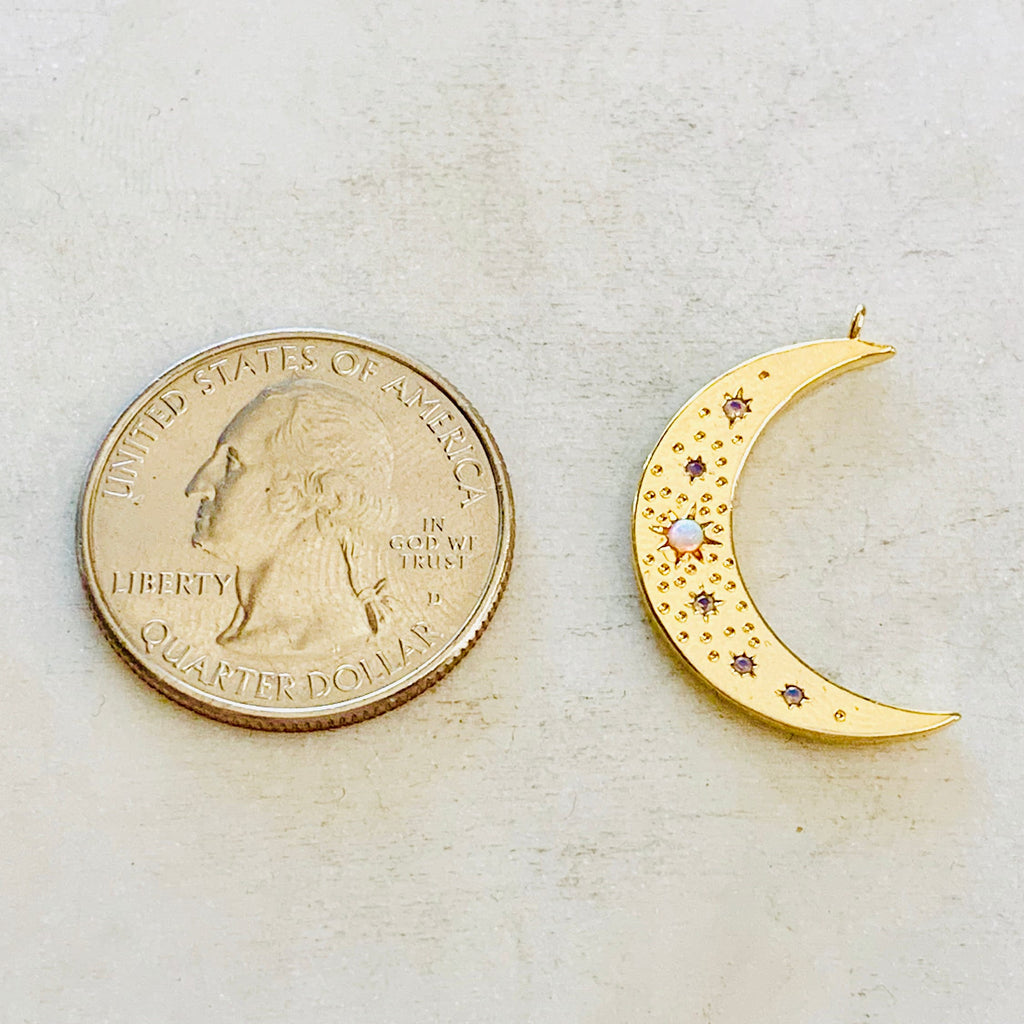 Gold Plated Celestial Opal Crescent Moon Star Pendant CZ Charm