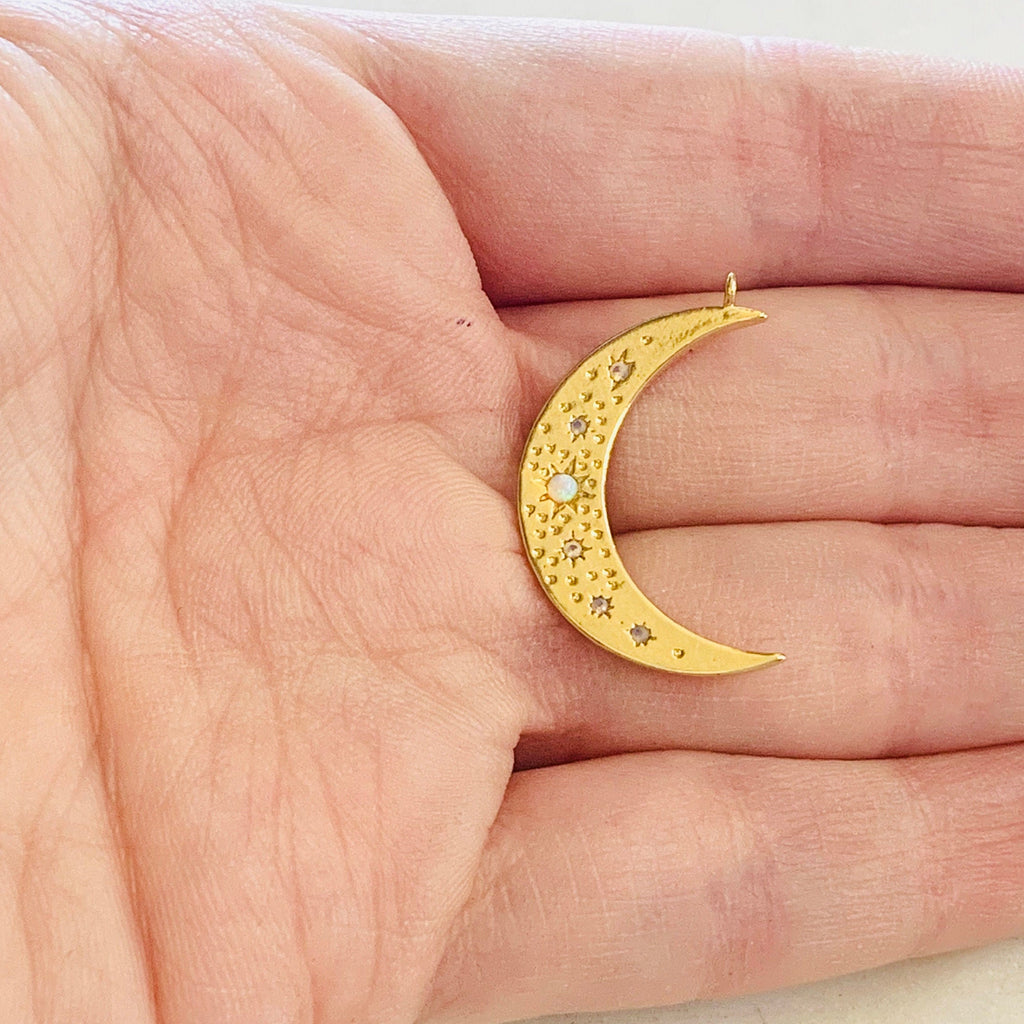 Gold Plated Celestial Opal Crescent Moon Star Pendant CZ Charm