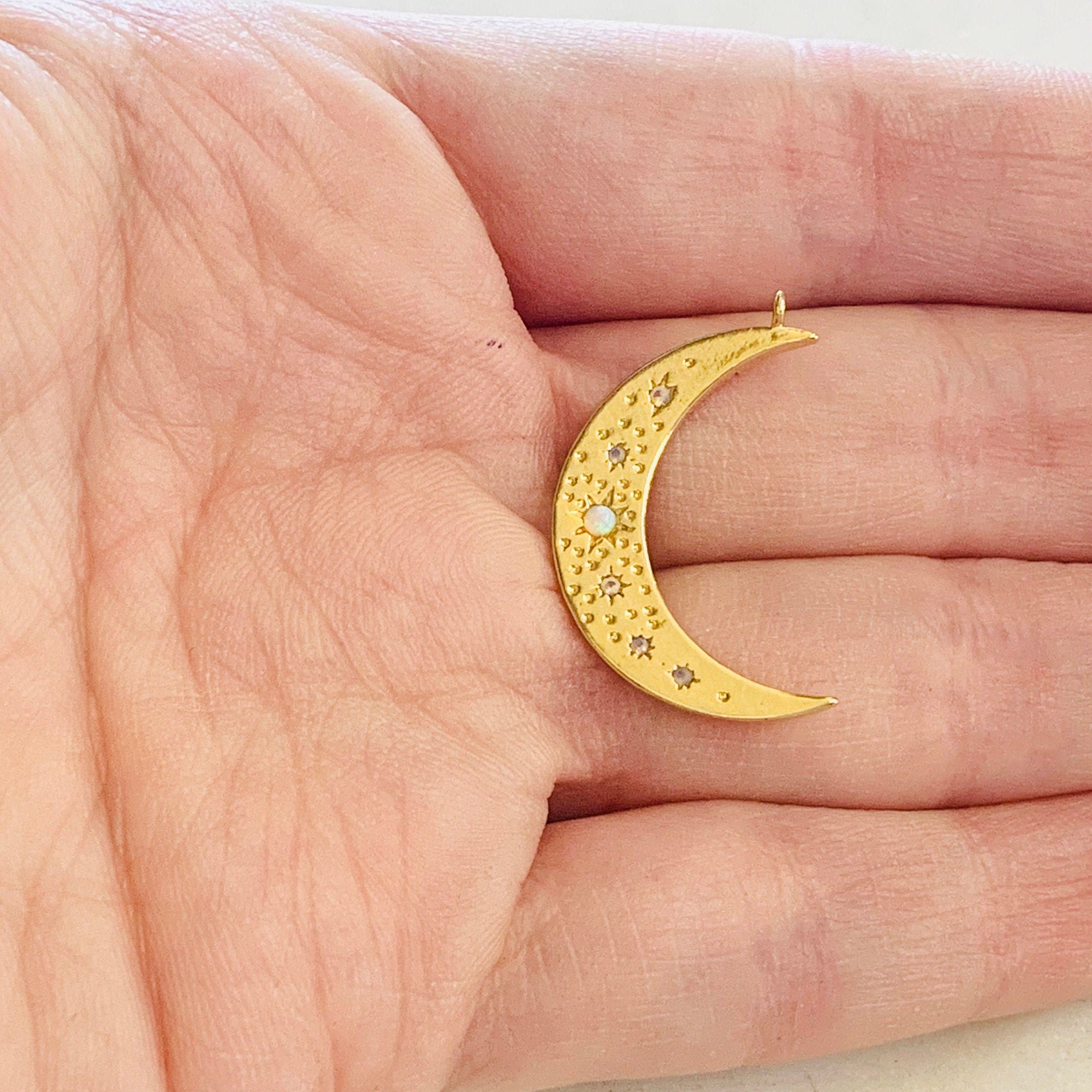 Gold Plated Celestial Opal Crescent Moon Star Pendant CZ Charm