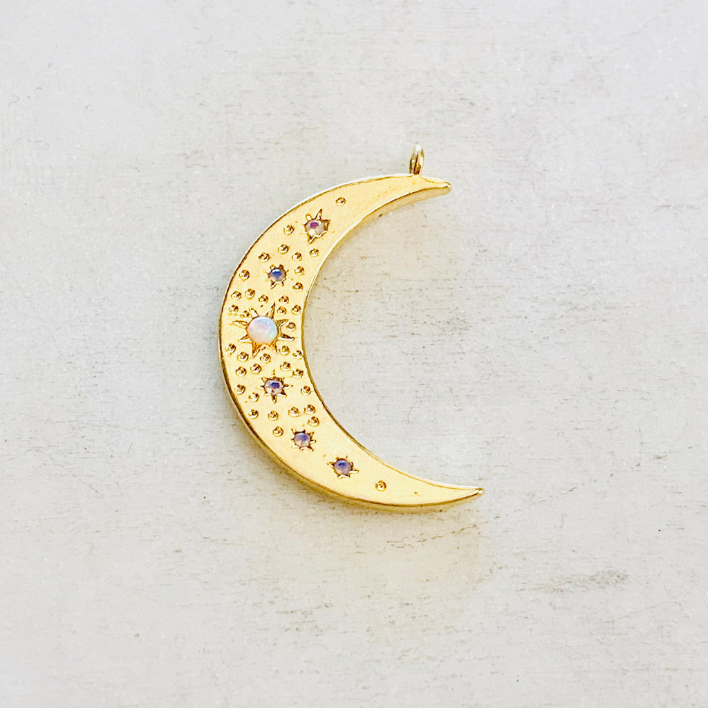 Gold Plated Celestial Opal Crescent Moon Star Pendant CZ Charm