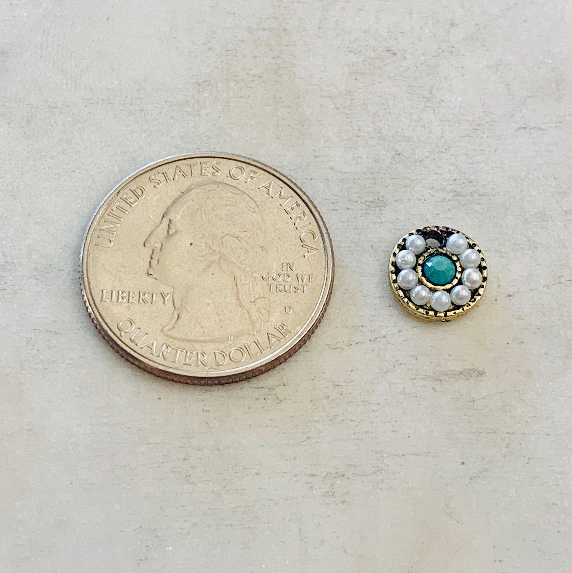 Pewter Round Circular Colorful White and Turquoise Crystal (2pc)