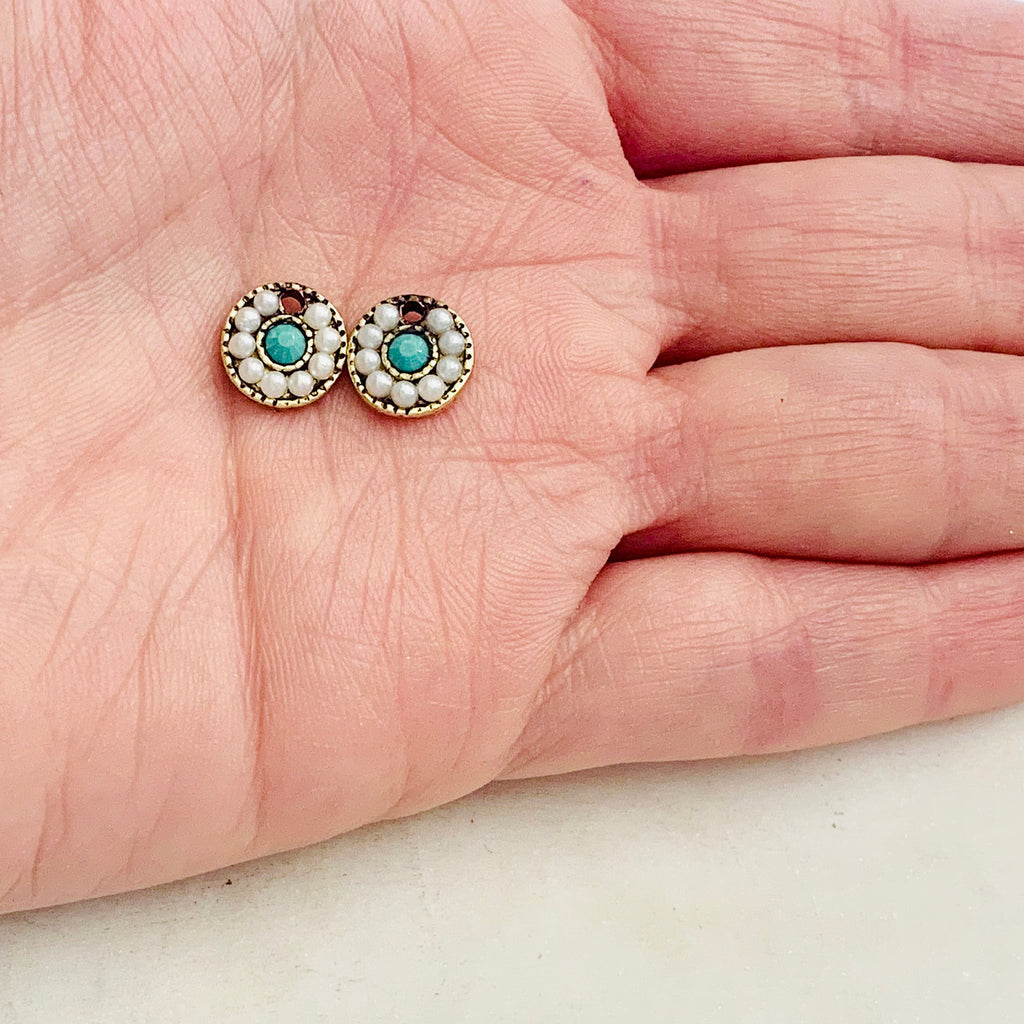 Pewter Round Circular Colorful White and Turquoise Crystal (2pc)