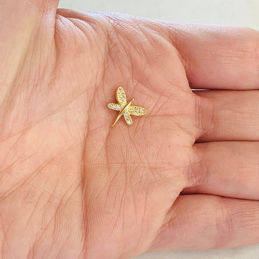 Gold Plated or Rhodium Plated Small CZ Pave Dragonfly Connector or 2 Loop