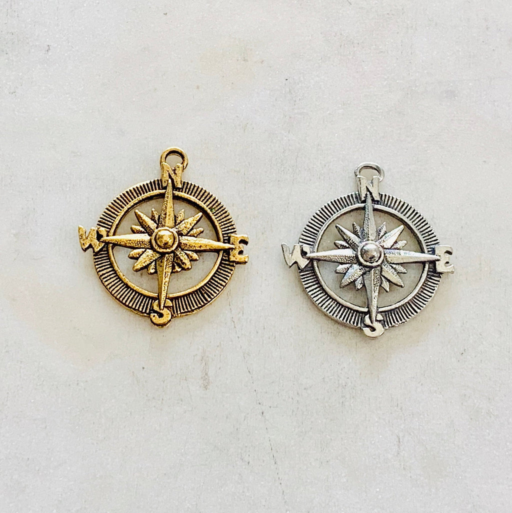 Pewter Round Compass Charm Metal Navigation Traveler Pendant