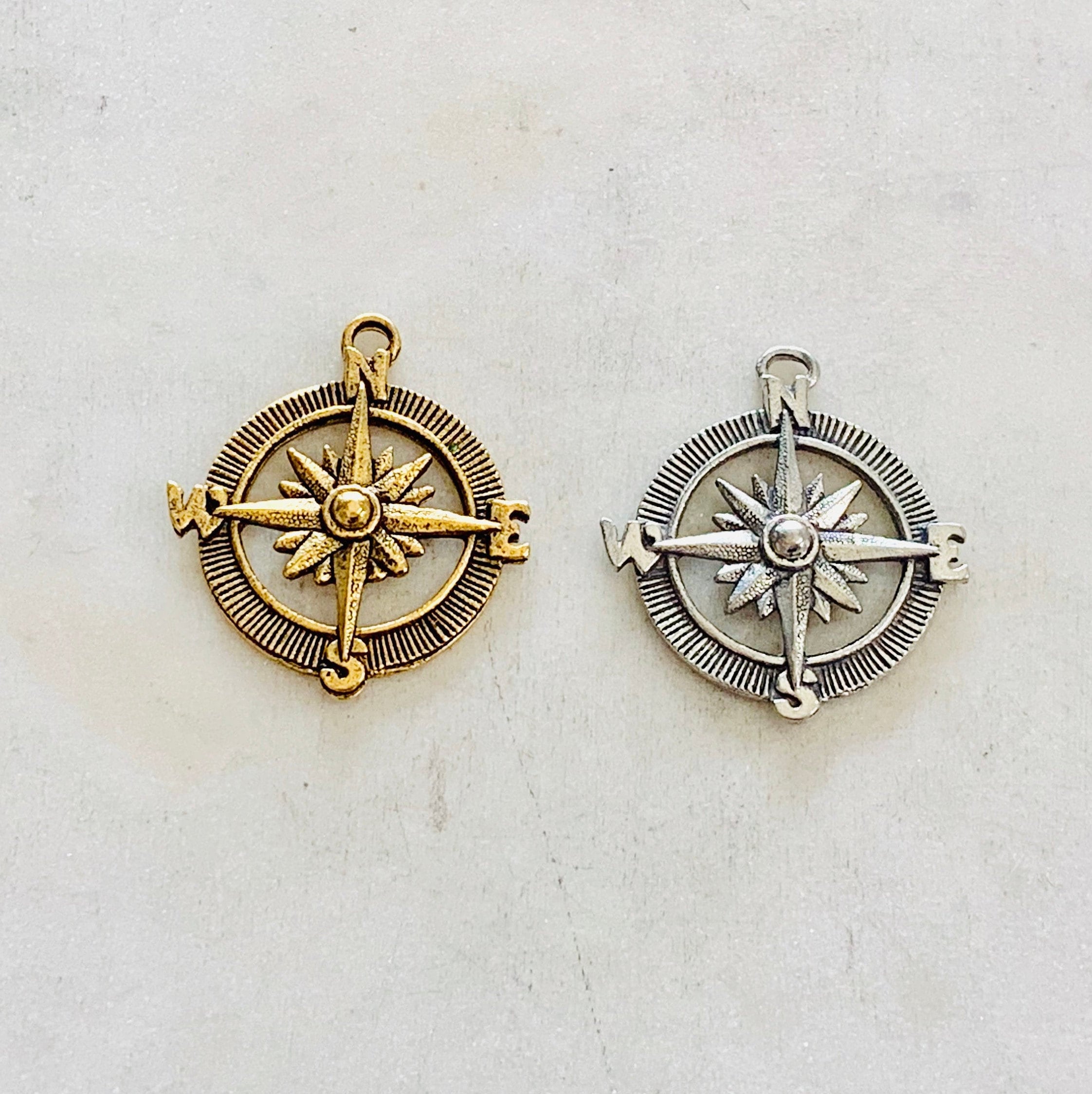 Pewter Round Compass Charm Metal Navigation Traveler Pendant