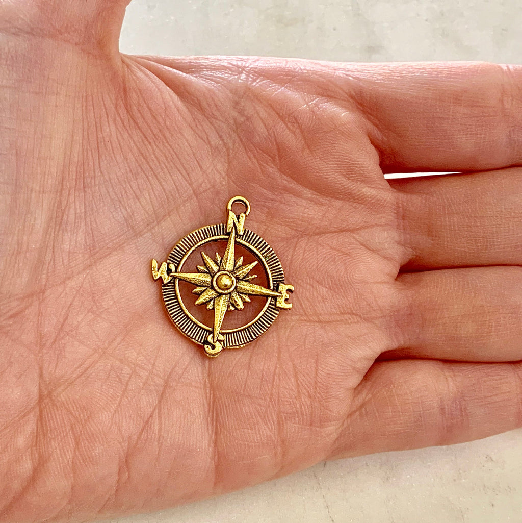 Pewter Round Compass Charm Metal Navigation Traveler Pendant