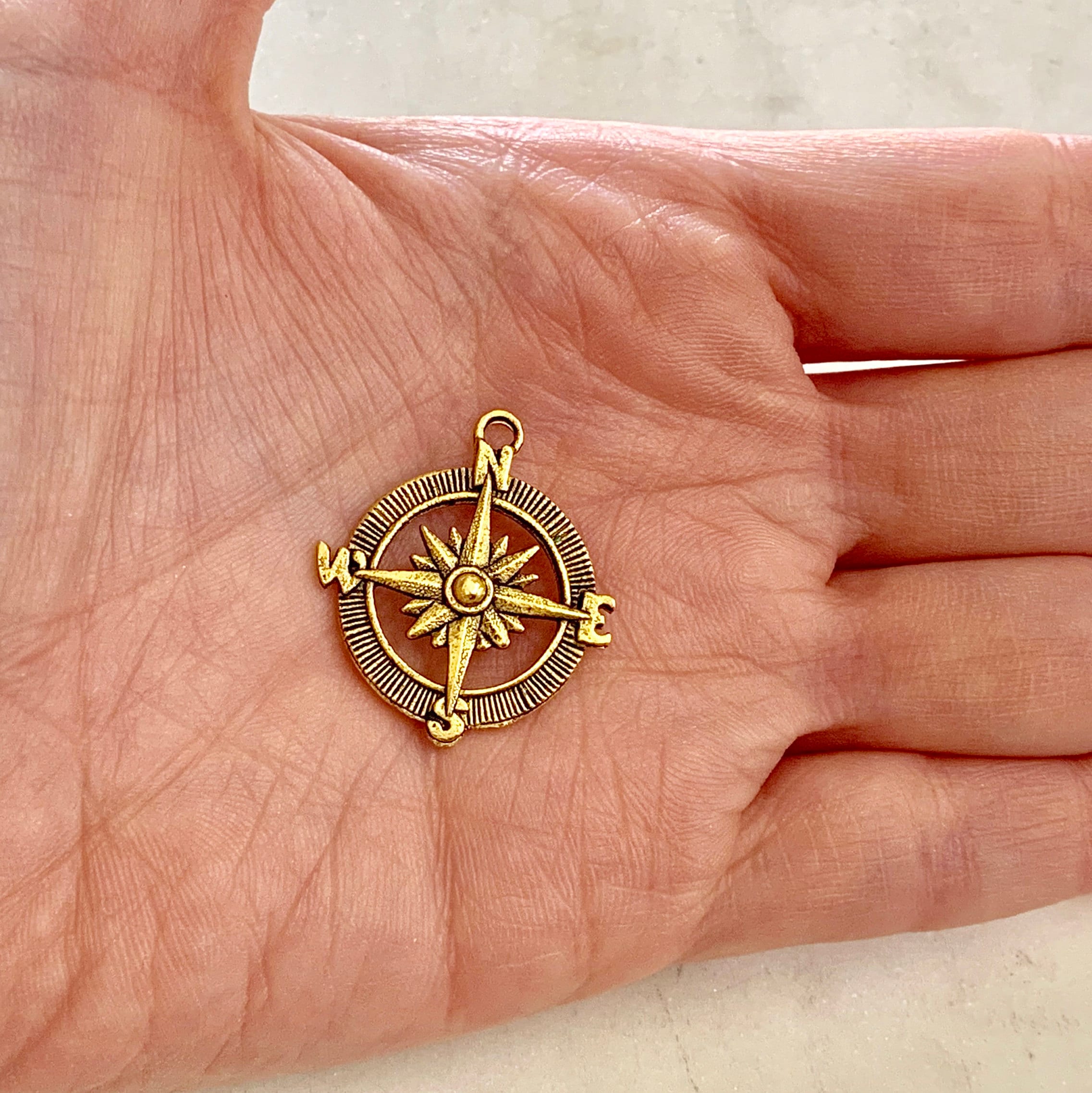Pewter Round Compass Charm Metal Navigation Traveler Pendant