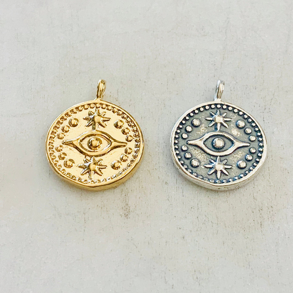 Sterling Silver or Vermeil Round Evil Eye Medallion Coin with Stars or Round