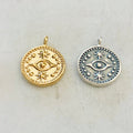 Sterling Silver or Vermeil Round Evil Eye Medallion Coin with Stars or Round