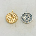 Sterling Silver or Vermeil Round Evil Eye Medallion Coin with Stars or Round