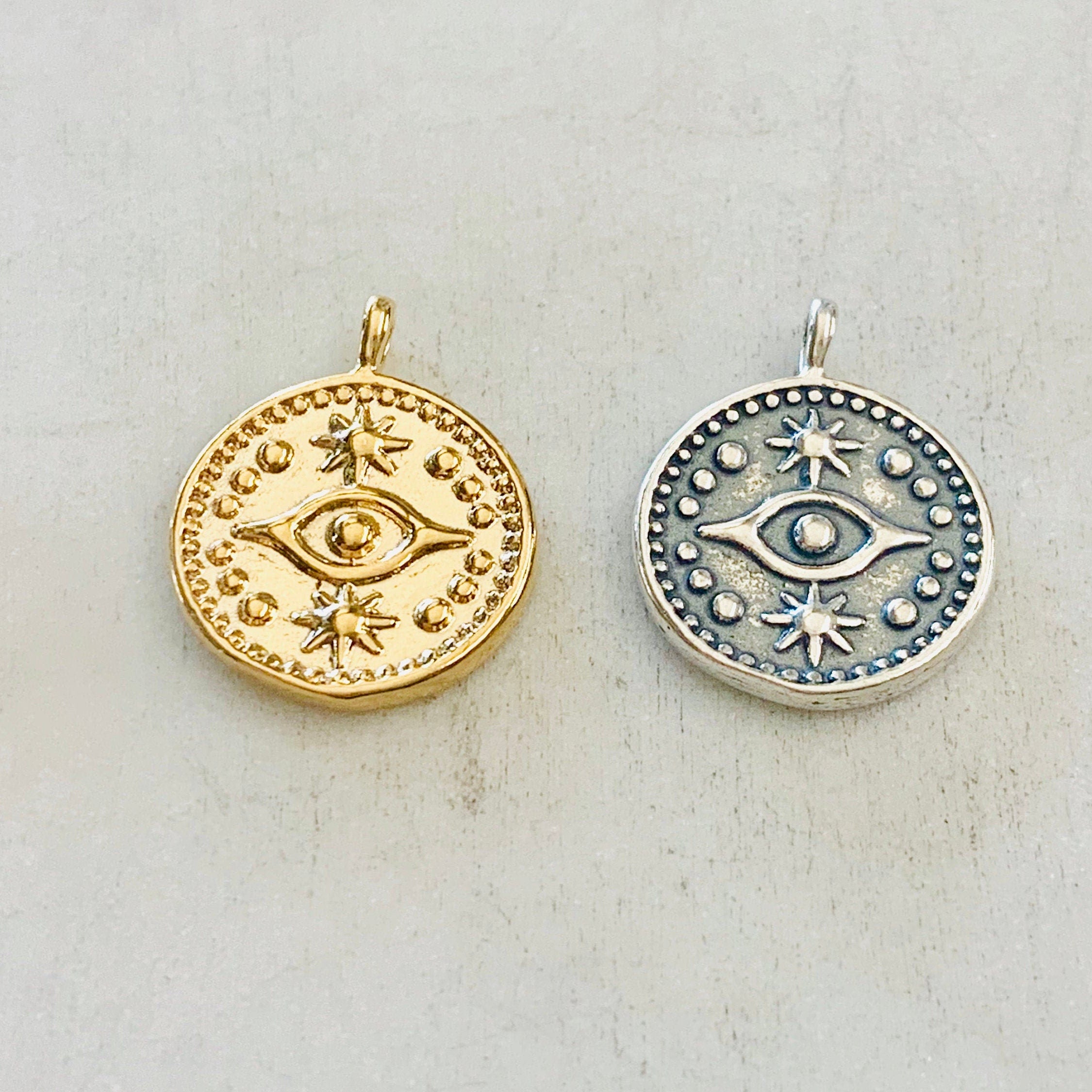 Sterling Silver or Vermeil Round Evil Eye Medallion Coin with Stars or Round