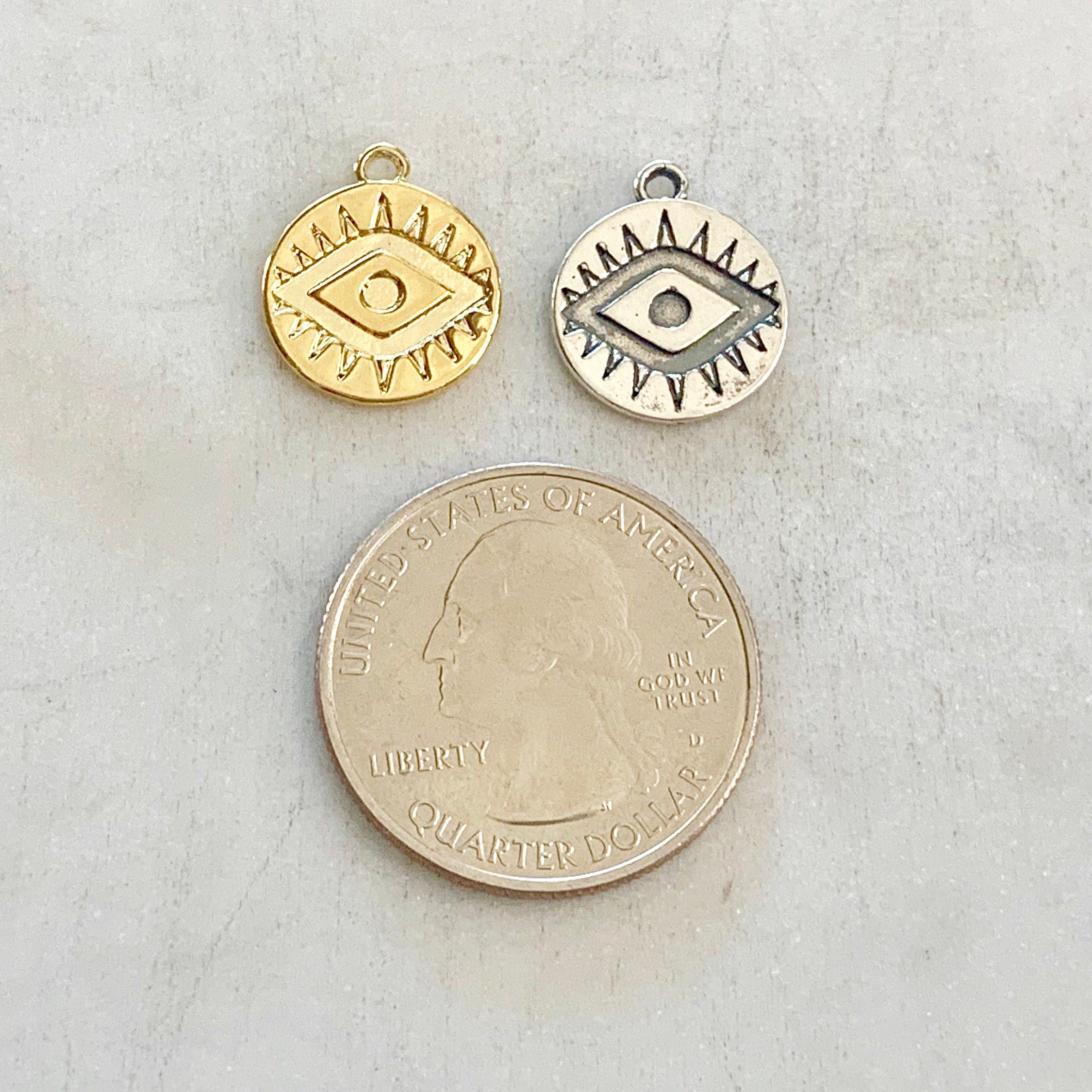 Sterling Silver or Vermeil Evil Eye Disc Charm Coin or Religious Protection