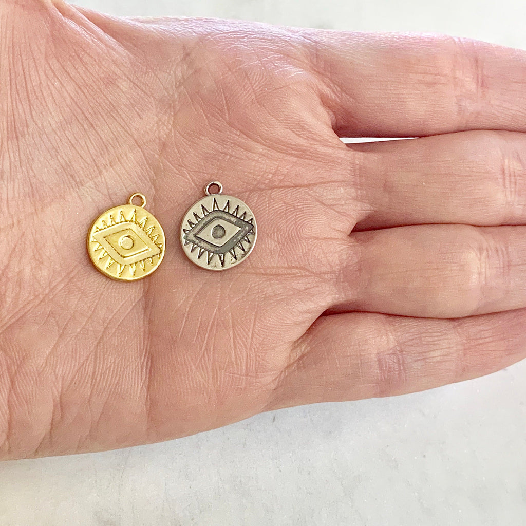 Sterling Silver or Vermeil Evil Eye Disc Charm Coin or Religious Protection
