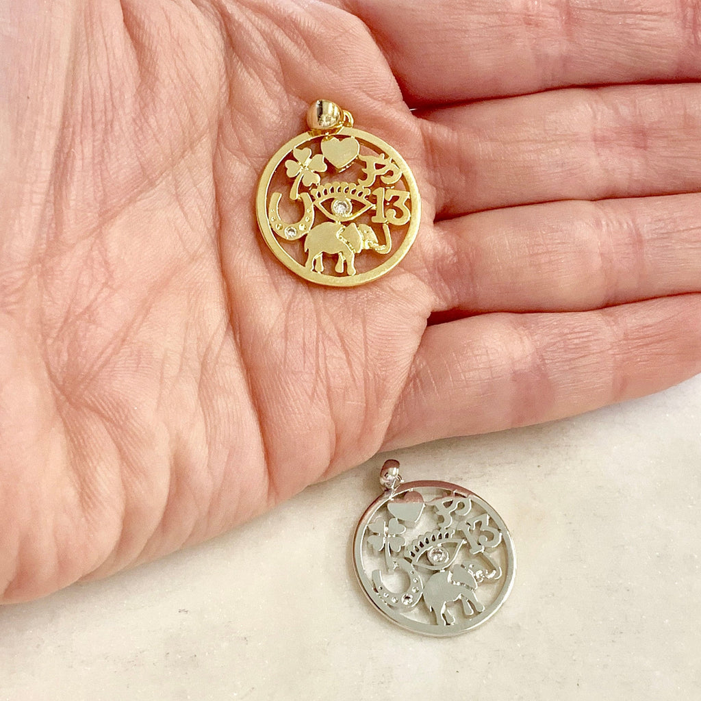25mmx23mm Gold Plated or Rhodium Plated Good Luck CZ Coin Charm Heart Four