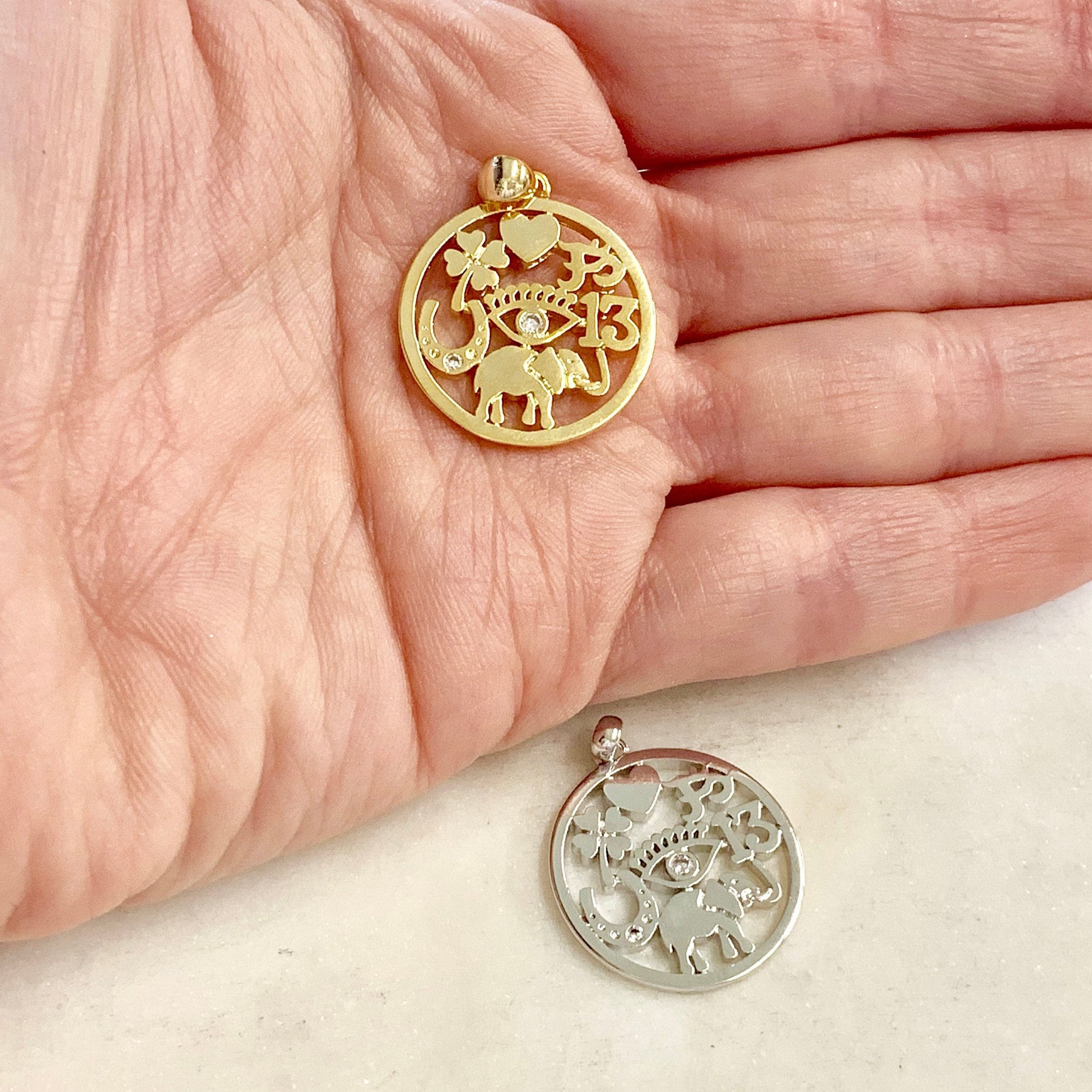 25mmx23mm Gold Plated or Rhodium Plated Good Luck CZ Coin Charm Heart Four