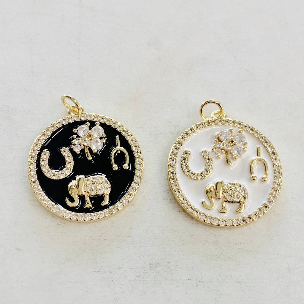 Gold Plated Good Luck CZ Coin Charm Four Leaf Clover Horseshoe