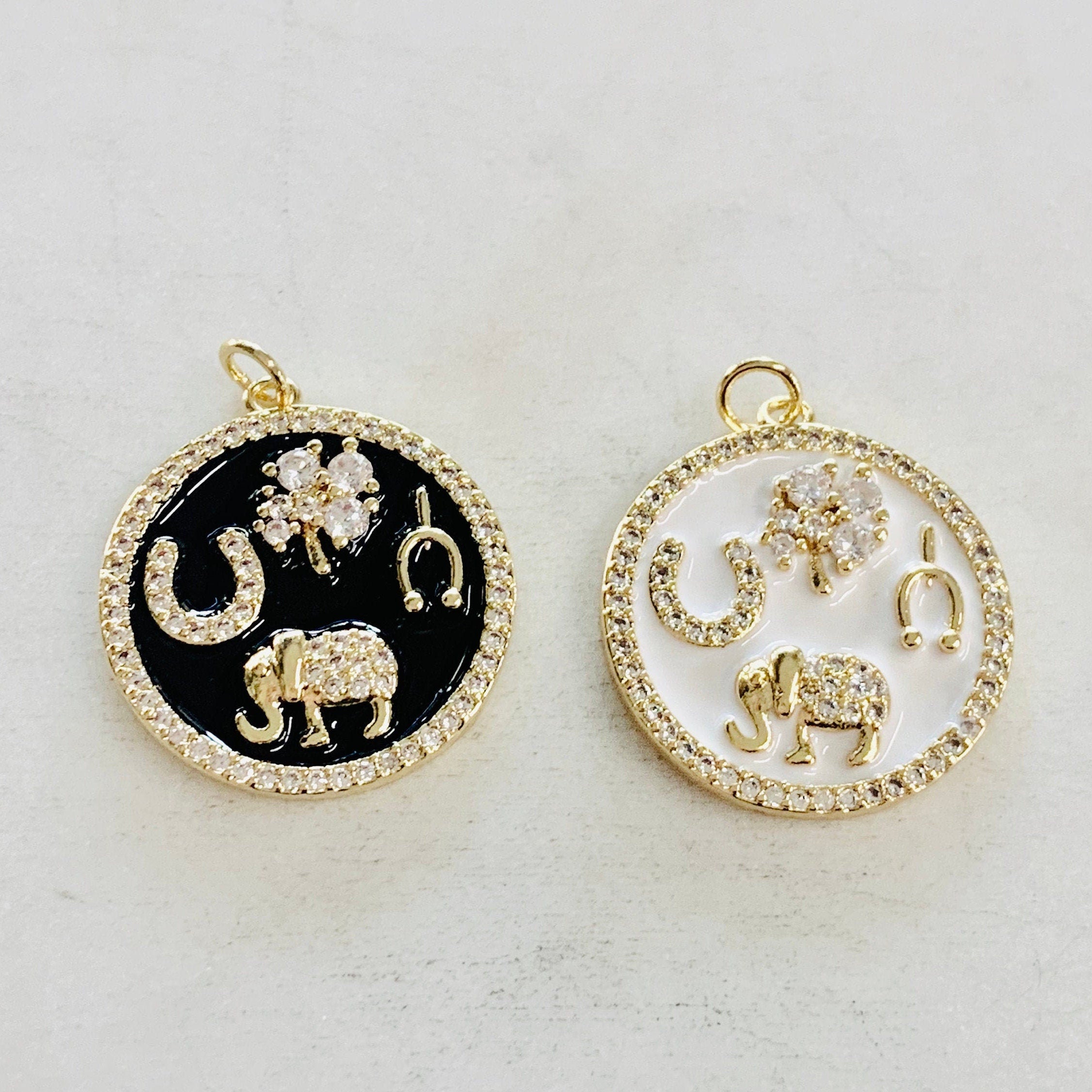 Gold Plated Good Luck CZ Coin Charm Four Leaf Clover Horseshoe