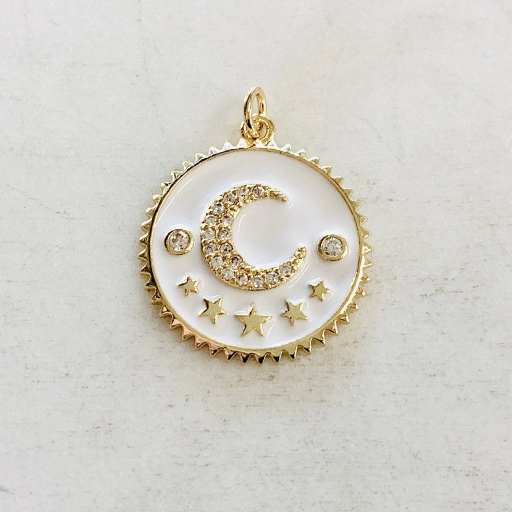 Gold Plated Cubic Zirconia Crescent Moon and Star Coin Pendant Pave