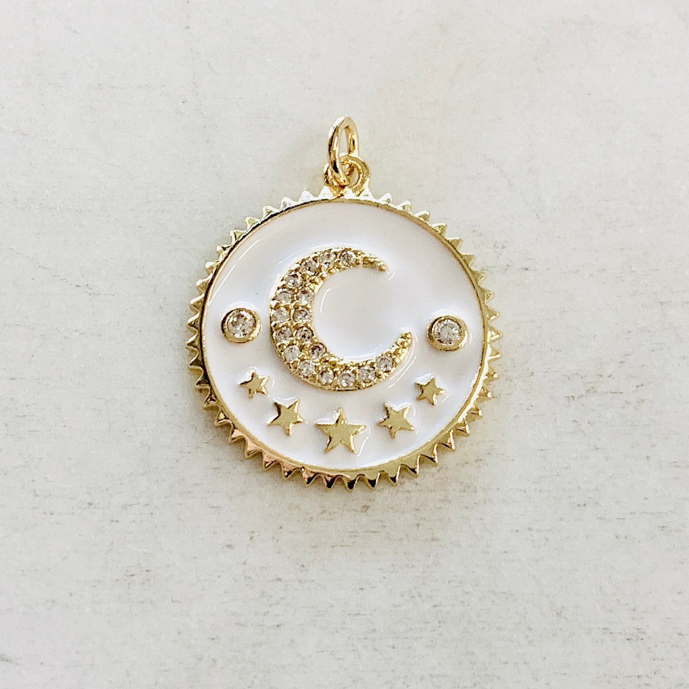 Gold Plated Cubic Zirconia Crescent Moon and Star Coin Pendant Pave
