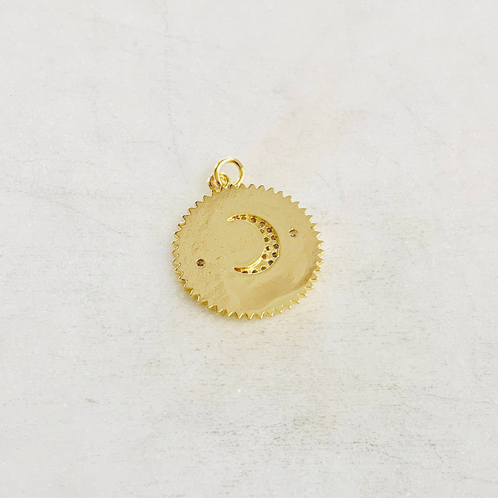 Gold Plated Cubic Zirconia Crescent Moon and Star Coin Pendant Pave