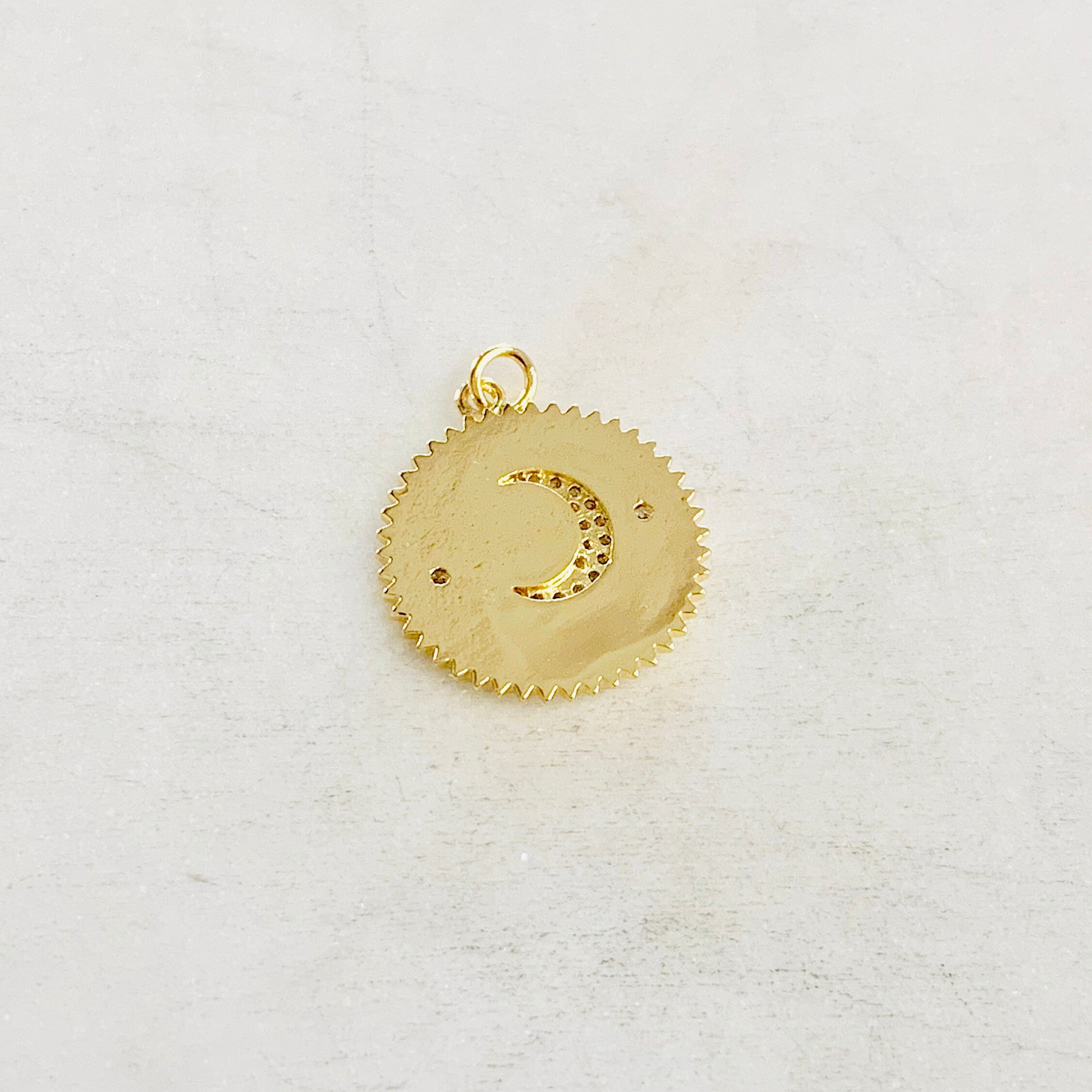 Gold Plated Cubic Zirconia Crescent Moon and Star Coin Pendant Pave