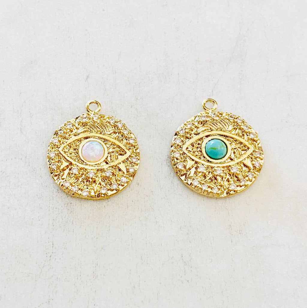 Gold Plated or Rhodium Plated Evil Eye Coin Turquoise Gold Round 20mm