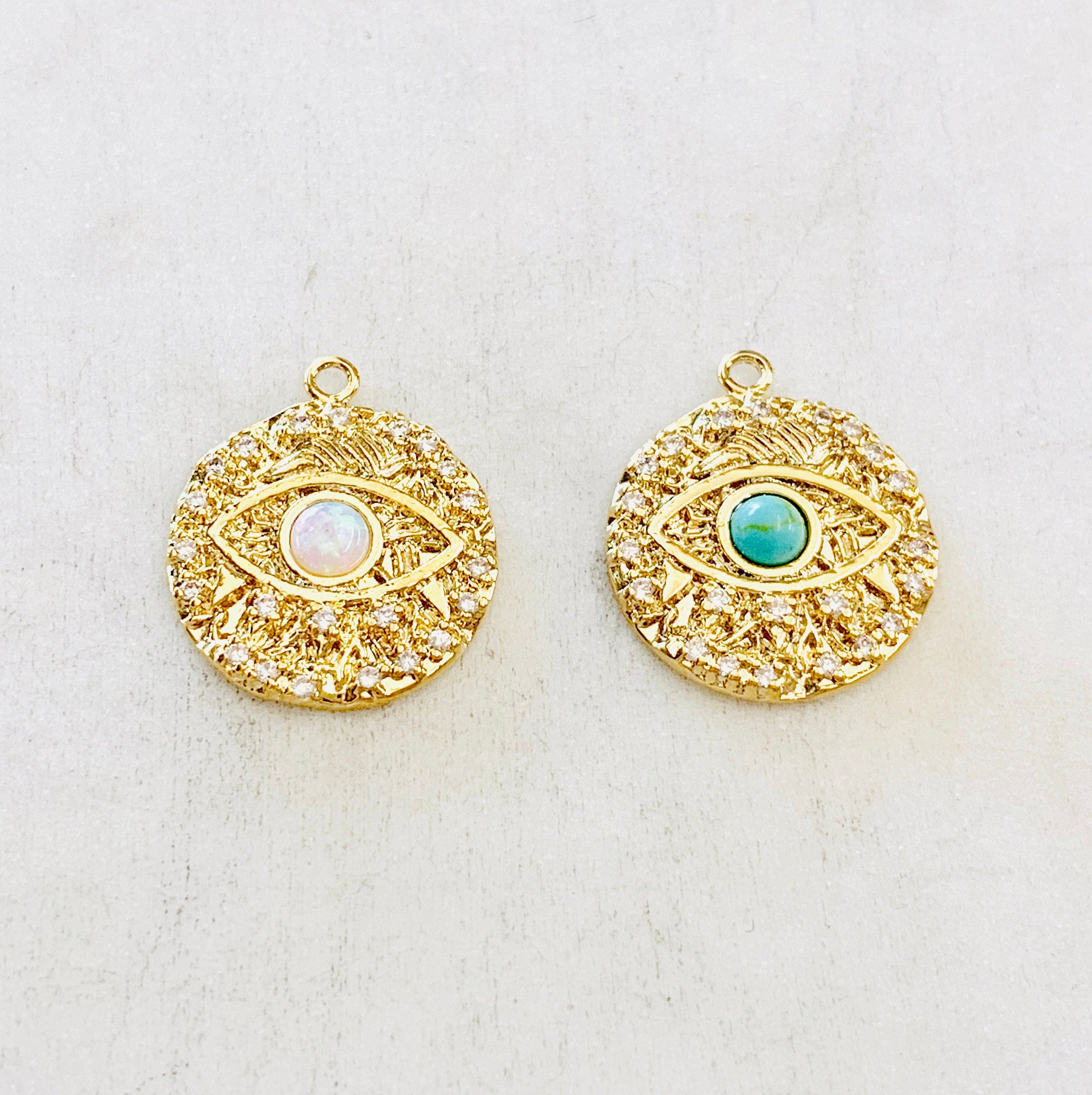 Gold Plated or Rhodium Plated Evil Eye Coin Turquoise Gold Round 20mm