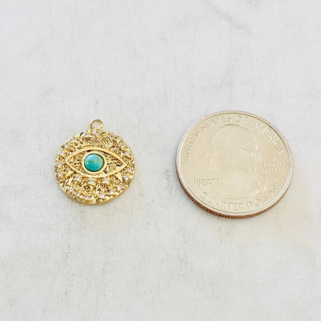 Gold Plated or Rhodium Plated Evil Eye Coin Turquoise Gold Round 20mm