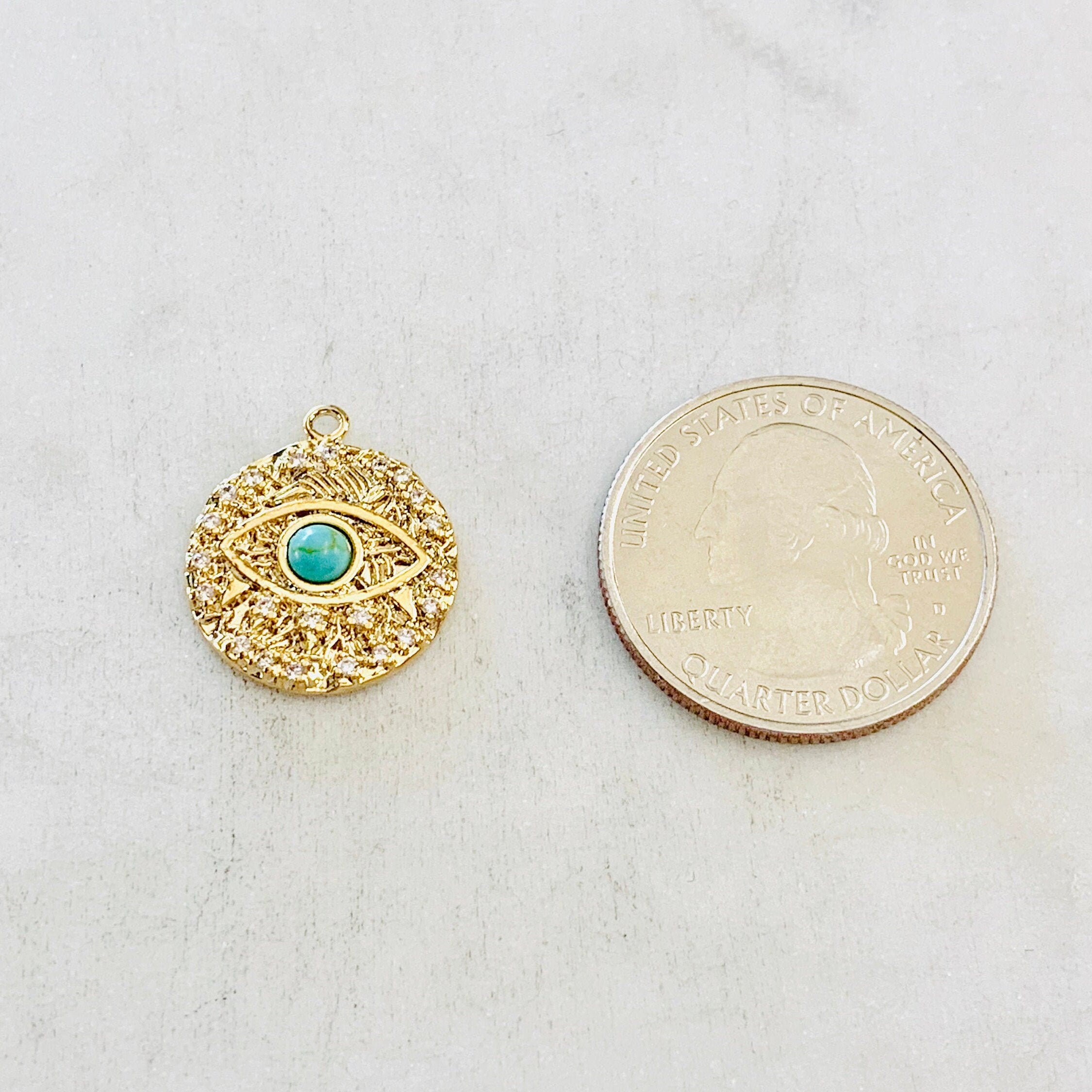 Gold Plated or Rhodium Plated Evil Eye Coin Turquoise Gold Round 20mm