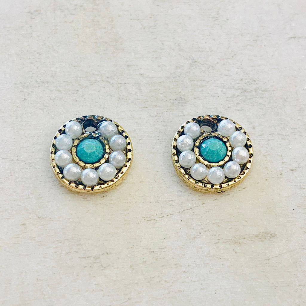 Pewter Round Circular Colorful White and Turquoise Crystal (2pc)