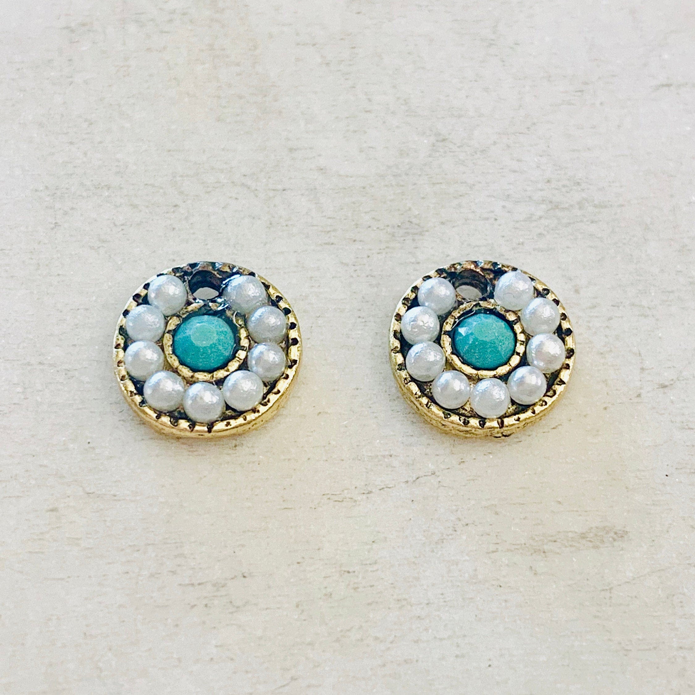 Pewter Round Circular Colorful White and Turquoise Crystal (2pc)