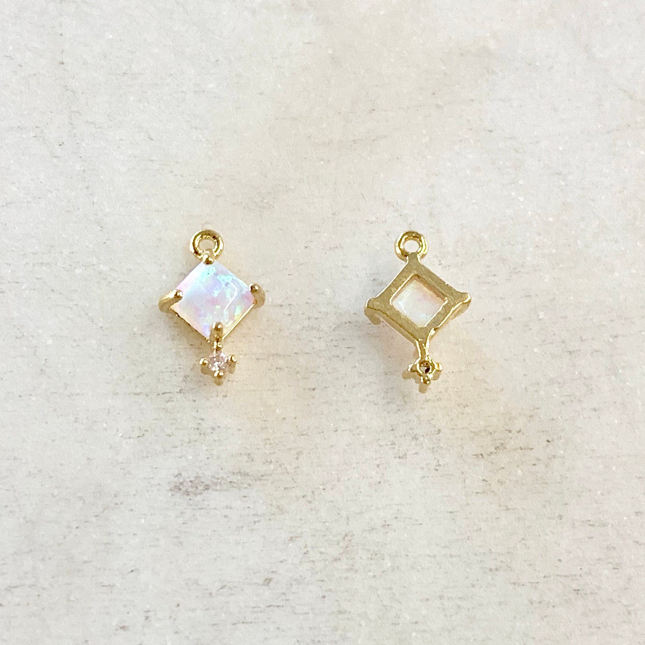 Gold Plated Tiny Square Opal Cubic Zirconia Dainty Drop Bezel Charm