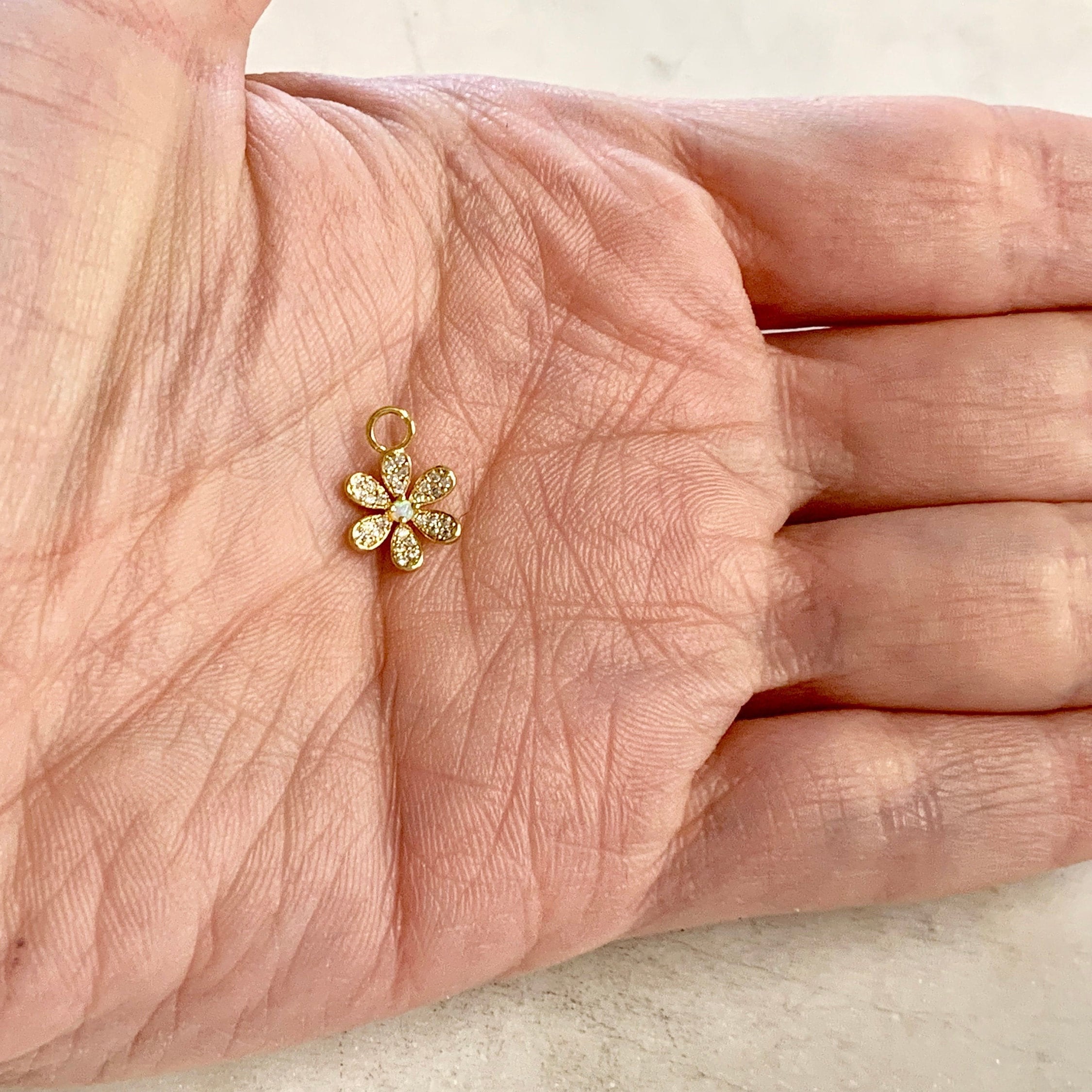 Gold Plated or Rhodium Plated Dainty Daisy Flower Opal Cubic Zirconia Pave CZ