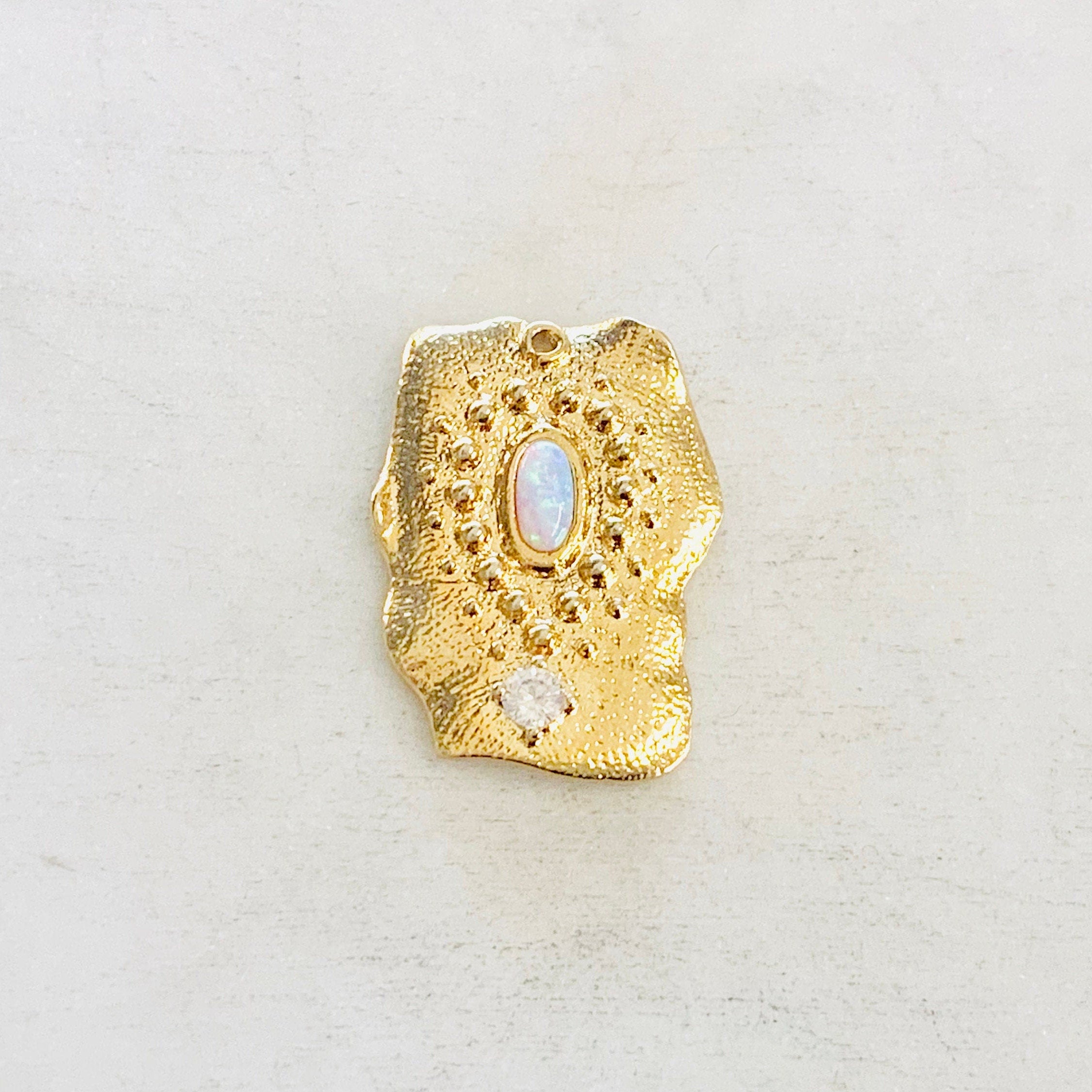 Gold Plated Whimsical Organic Square Vintage Opal Cubic Zirconia