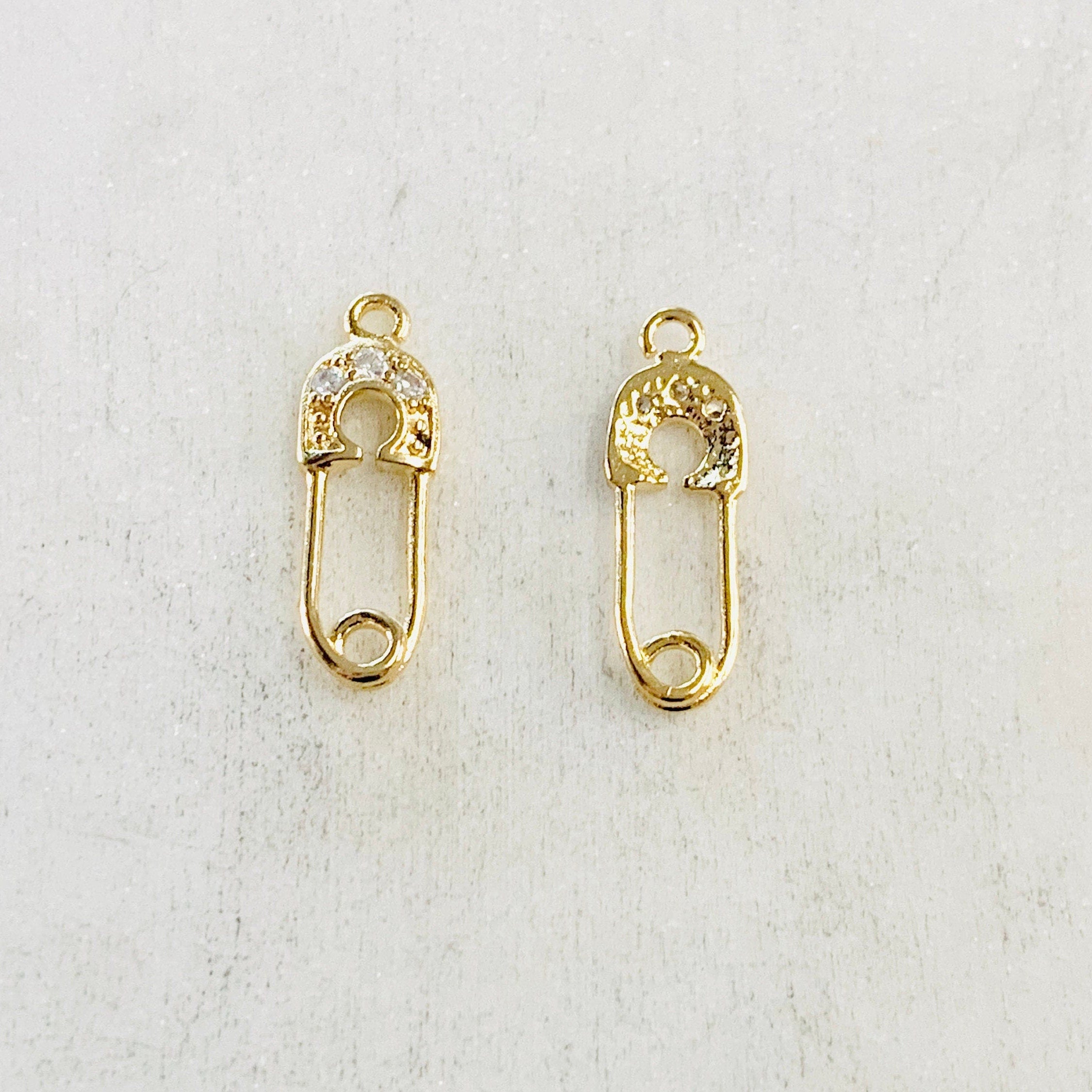 Gold Plated or Rhodium Plated or CZ Tiny Safety Pin Connector Charm Pendant