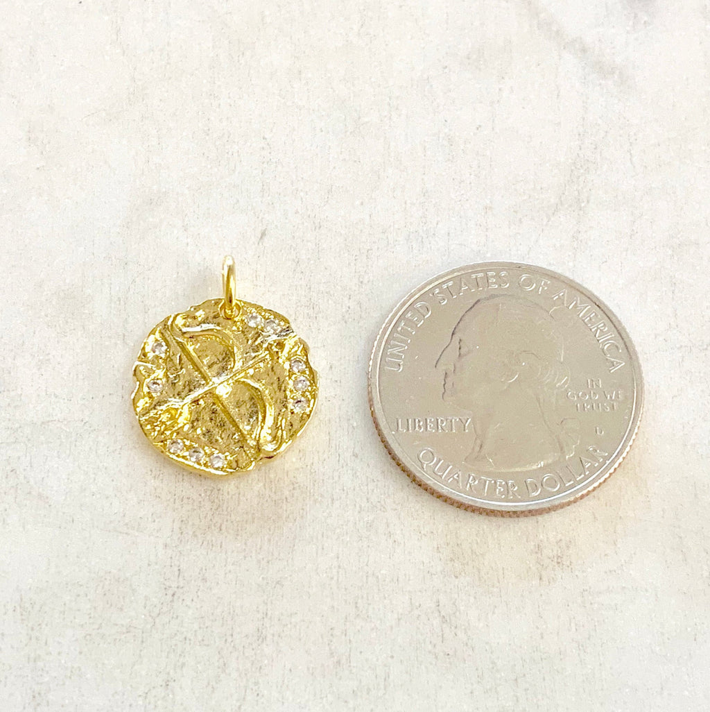Gold Plated CZ Cupid Arrow Zodiac Coin Cubic Zirconia Drop Charm