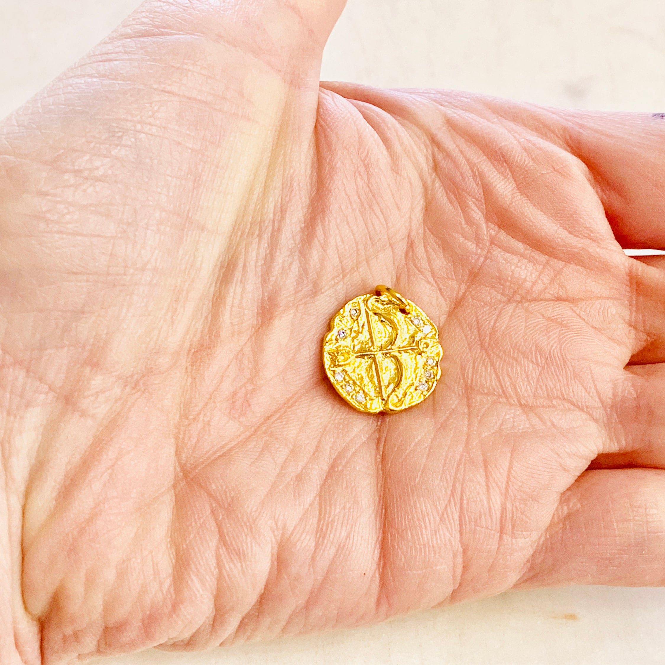 Gold Plated CZ Cupid Arrow Zodiac Coin Cubic Zirconia Drop Charm