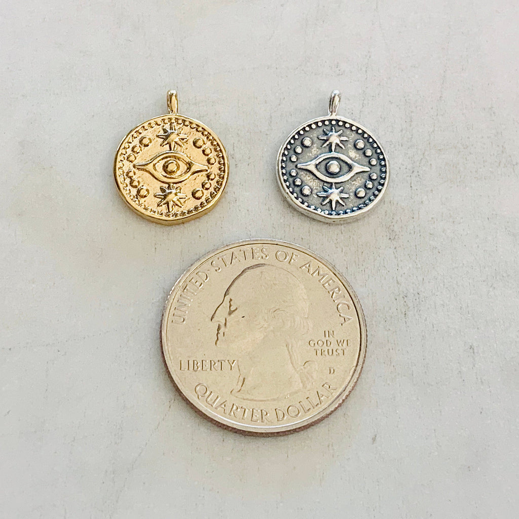 Sterling Silver or Vermeil Round Evil Eye Medallion Coin with Stars or Round