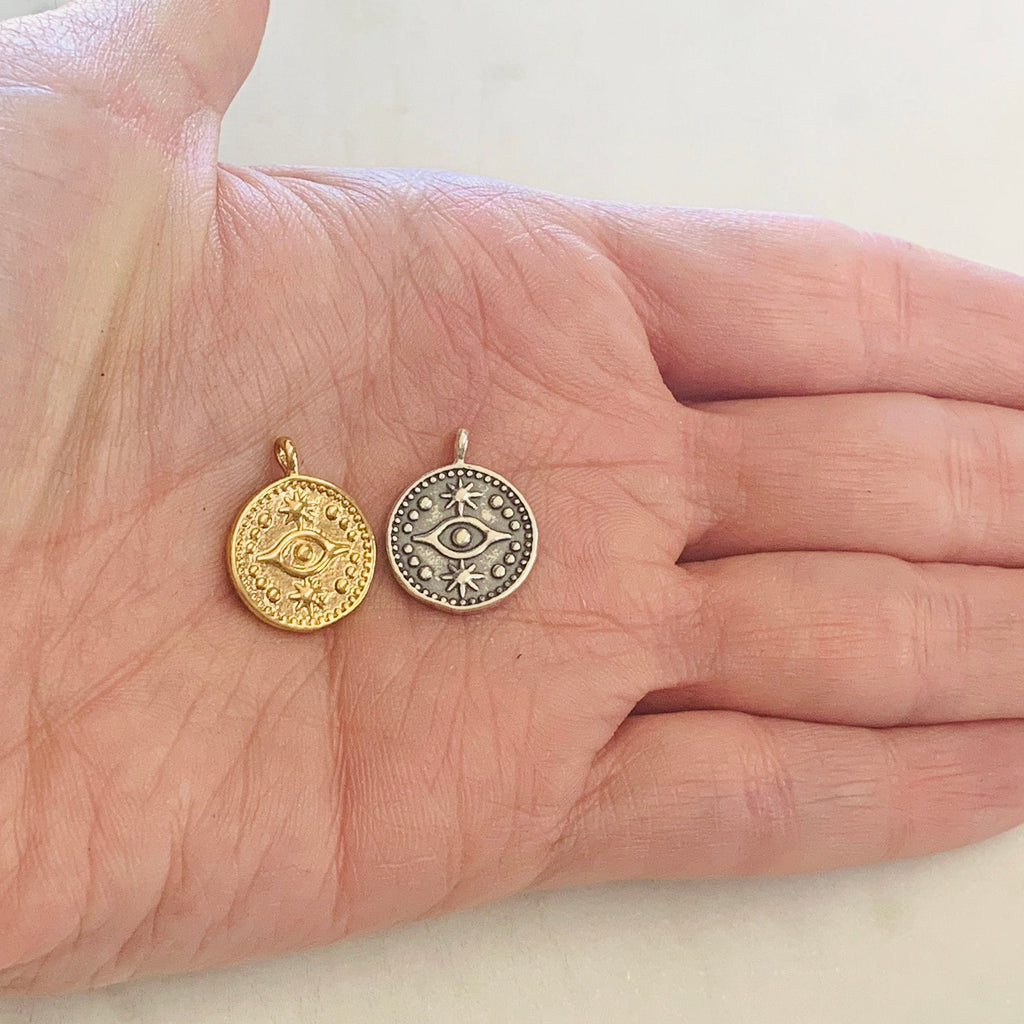 Sterling Silver or Vermeil Round Evil Eye Medallion Coin with Stars or Round