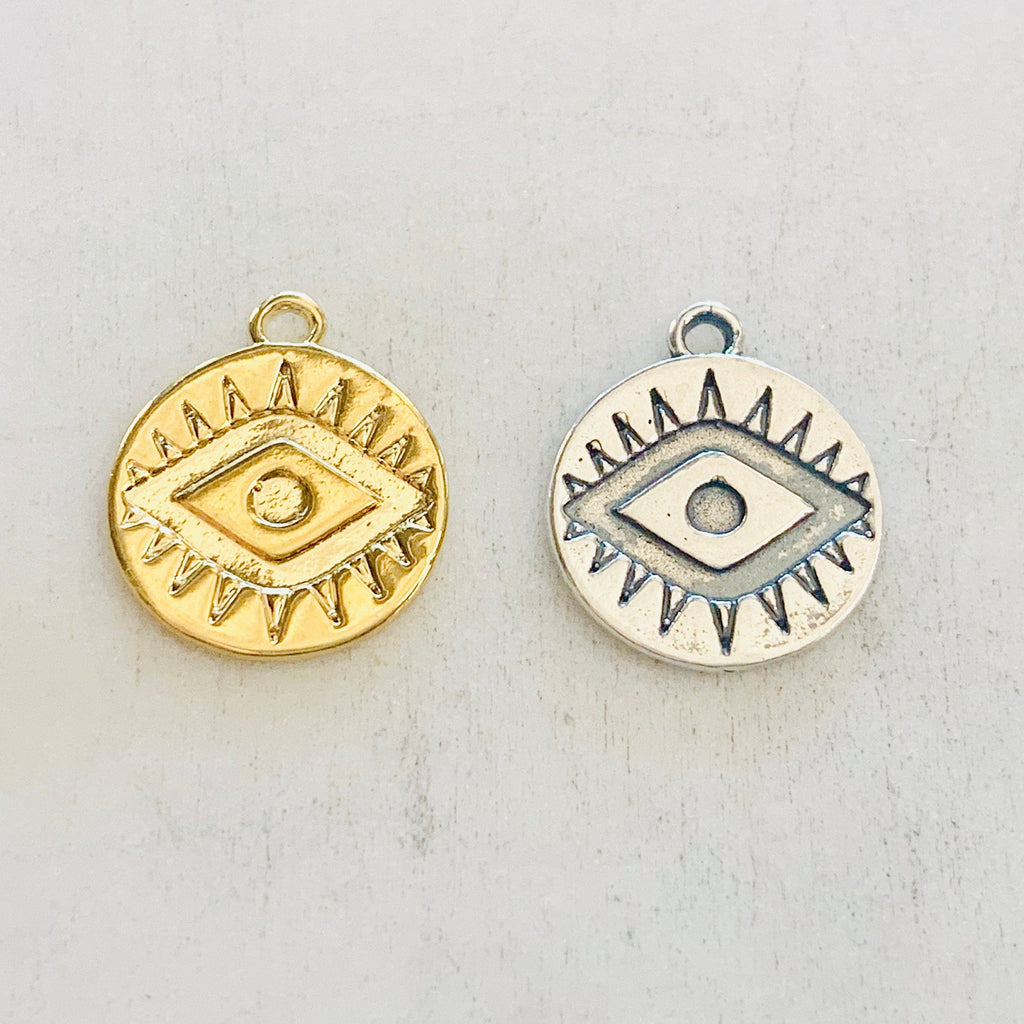 Sterling Silver or Vermeil Evil Eye Disc Charm Coin or Religious Protection